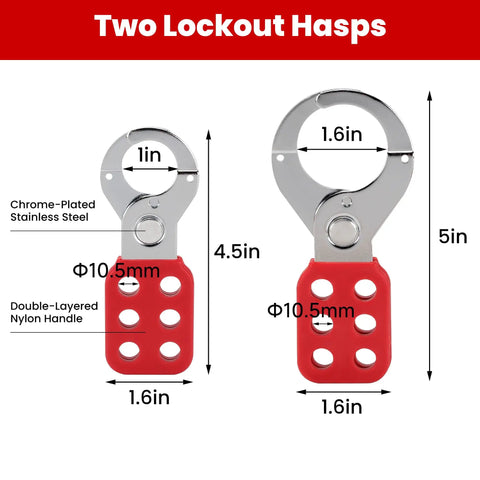 Two lockout hasps in Lockout Tagout Kit 48 Piece OSHA Compliant Safety Gear With Padlocks Hasps Tags Zip Ties and Storage Bag