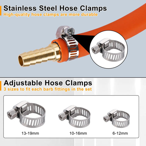 Brass Hose Barb Fittings Kit With 26Pcs Barb Splicer Mender Fittings And 52Pcs Stainless Steel Hose Clamps illustration