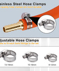 All In One Brass Hose Barb Fittings Kit With 48 Pieces And 96 Stainless Steel Hose Clamps For Air Fuel Water Oil Hoses, Includes Sizes From 1/8 Inch To 3/4 Inch, close-up of brass fitting and clamp on hose.