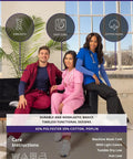 Group wearing colorful scrubs against fabric care guide backdrop, highlighting strength, easy care, and cotton blend benefits.