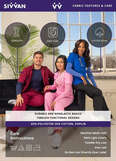 Group wearing colorful scrubs against fabric care guide backdrop, highlighting strength, easy care, and cotton blend benefits.