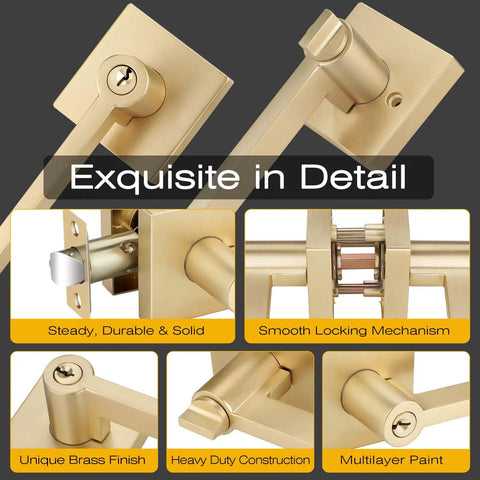Five Piece Satin Brass Door Handles Set With Lock And Key For Interior And Exterior Doors, detail view showing lock and finish