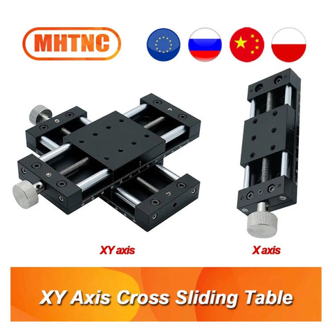 Dual XY Axis Motion Stage Cross Sliding Table With Stainless Steel Triangular Screw For Rock Solid Precision CNC X Axis Milling And Alignment, 40mm Travel On One Axis, 60mm On The Other, Smooth Manual Adjustment, top and side view