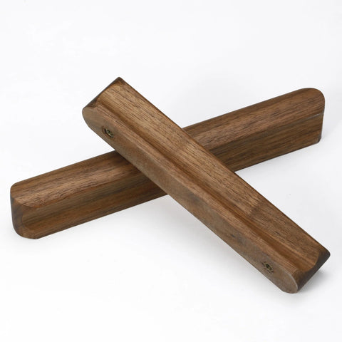 Two walnut wood drawer pulls with rounded edges, part of the Walnut Wood Drawer Pulls Set Six Pack 5.04 Inch Length For Cabinets and Furniture.