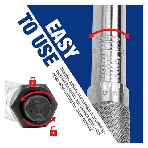 Heavy Duty Shop Torque Wrench Set Featuring Adjustable 5 To 100 Ft Lb Range Including Quarter Three Eighth And Half Inch Drives close-up of locking mechanism