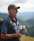 Durable Silicone Tumbler Sleeve With Handle For 20 Oz Cups shown in use by hiker in mountains