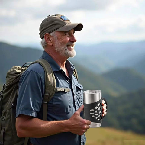 Durable Silicone Tumbler Sleeve With Handle For 20 Oz Cups shown in use by hiker in mountains