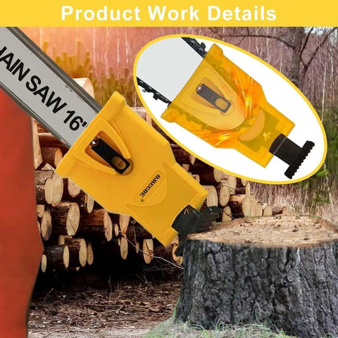 Universal Chainsaw Teeth Sharpener With Six Fast Sharpening Stones attached to 16-inch chainsaw blade on tree stump