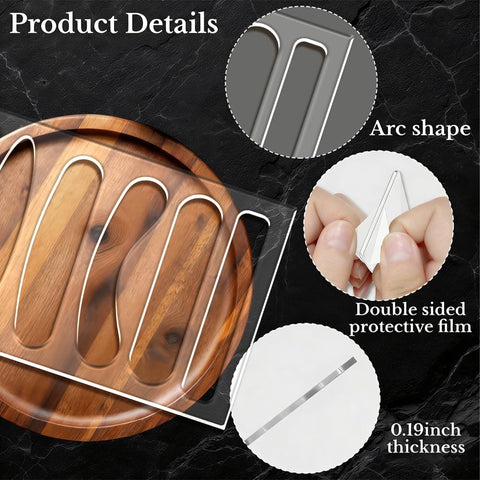 6 In 1 Charcuterie Board Handle Template Clear Acrylic Routing Jig No Sweat Woodworking Guide for Hype Serving Trays and Cutting Boards, showing arc shape on a wooden tray.