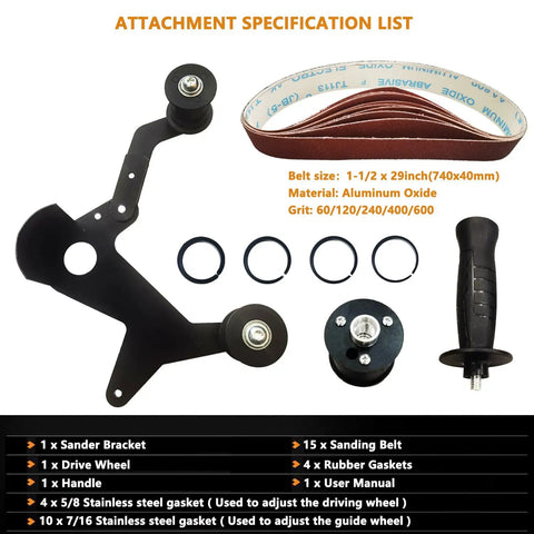 Heavy Duty Belt Sander Adapter For Angle Grinder With 15 Sanding Belts Pipe Tube Polishing Attachment 5/8-11 Thread Universal Kit parts and specifications.