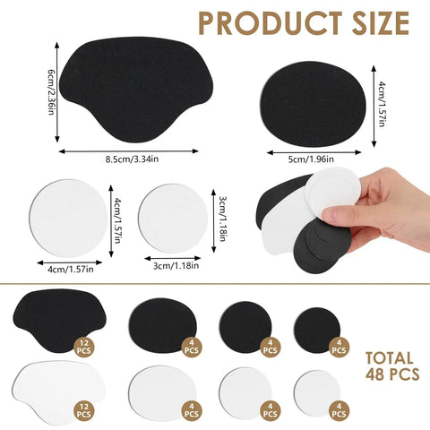 Inside Shoe Heel Repair Patches Kit, Self Adhesive Patch Set For Sneaker Holes, 48 pieces in various sizes shown