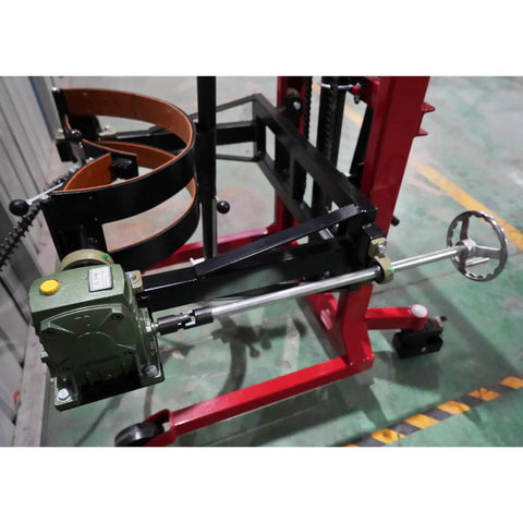 Heavy Duty Drum Lifter And Rotator Tool For 55 Gallon Steel Or Plastic Barrels With Solid Steel Jaw Clamp Cradle And Polyurethane Wheels That Lift Spin And Move Up To 990 Pounds Super Easy close-up of hydraulic system and wheel assembly