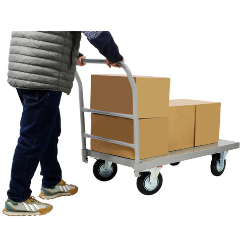 Heavy Duty Platform Truck Flatbed Dolly Cart With Wheels 24x48 Inch Load Carrier Hauls Up To 2000 Lb Capacity Steel Smooth Deck Hand Truck For Moving Trailers And More Gray with boxes