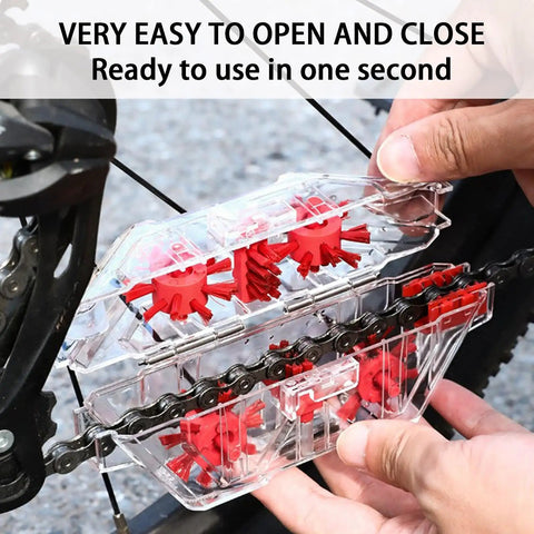 Ultimate Bike Chain Cleaning Kit With Deep 360 Degree Clean, transparent housing showing ease of use on bike chain.