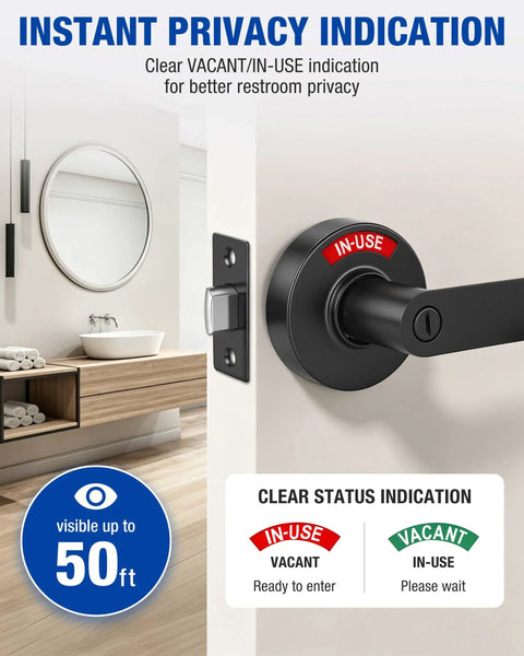 Heavy Duty Dual Pack Bathroom Lock With Vacant Occupied Sign For Door Handle Commercial Grade Restroom Knob, black bathroom lock on door