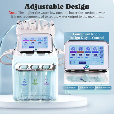 7 In 1 Facial Care Machine With Mask Oxygen Hydrogen Spa Tool showing touch screen controls and solution bottles.