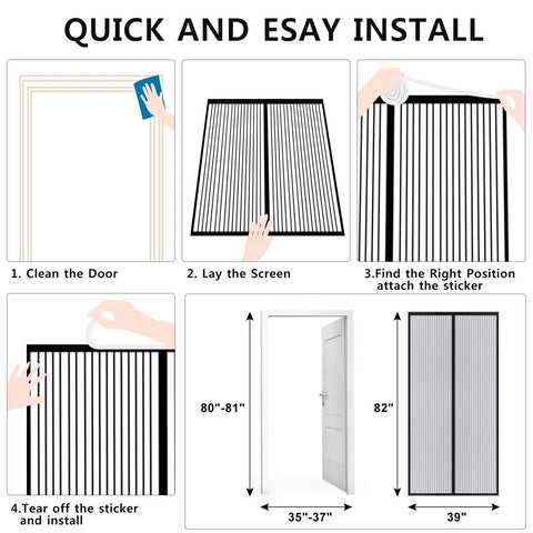 Installation guide for Reinforced Magnetic Screen Door 39x82 Inches Heavy Duty Hands Free Full Frame With Hook And Loop Strips.