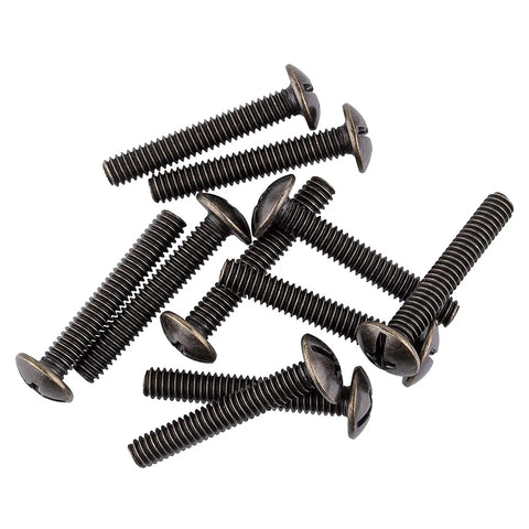Top Shelf Pack Of Twenty Knockout Antique Brass Truss Head Machine Screws Size Eight Thirty Two One Quarter Inch Long For Sweet Hardware Projects And Dresser Drawer Pulls Ready To Mount And Grips Damn Tight, showing multiple screws.