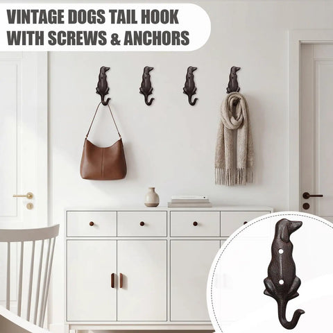 Kickass Cast Iron Dog Tail Hooks, Straight Up 4 Pack Wall Mount Leash Holders With Screws and Anchors displayed with bags and scarves.