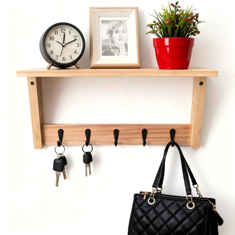 Wall Shelf With Hooks For Entryway And Living Room Must Have Multi Purpose Wooden Shelf With Heavy Duty Metal Hooks Coat Rack Organizer With keys and bag