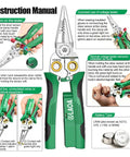 Green and black 8 In 1 Wire Stripping Pliers With Built In Voltage Tester 12V To 250V showing usage instructions and battery type.