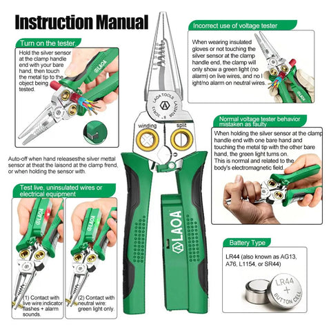 Green and black 8 In 1 Wire Stripping Pliers With Built In Voltage Tester 12V To 250V showing usage instructions and battery type.