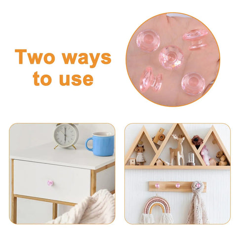 Display of Mini Acrylic Pull Knobs 24 Pack Diamond Shaped Self Stick No Drilling Pink DIY Friendly Decorative Handles in use