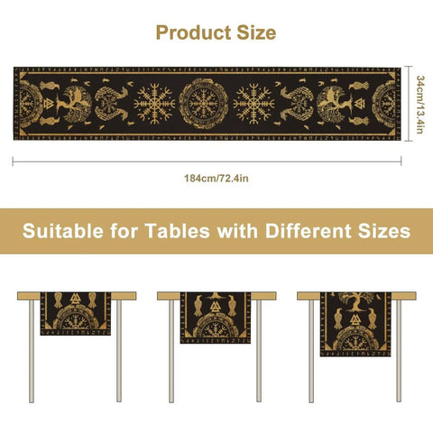 Tree Of Life Dope Abstract Table Runner 13x60 Inches With Golden Black Celtic Geometric Dragon Boat Rudder Motifs shown on various tables