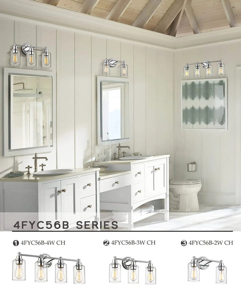 Four Light Vanity Lighting Fixture With Chrome Finish And Clear Glass Shades For Totally Modern Bathroom Vanity Over Mirror
