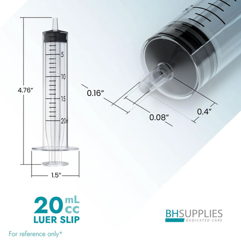 20ml Luer Slip Tip Sterile Syringes No Needle, Individually Wrapped, 50 Count, Great For Medical, Lab, And Vet Use, Dispensing Fluids And Small Doses Safely, 20 mL syringe dimensions