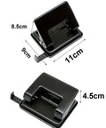 Black Two Hole Paper and Leather Puncher dimensions, 11cm wide, for office and home use, 1/4 inch circle holes, mess-free design.