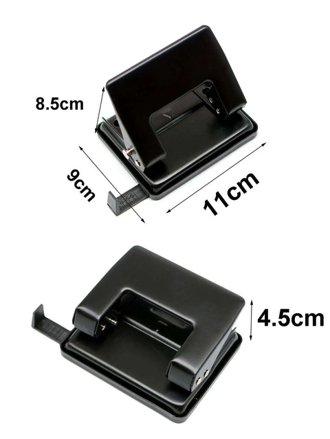 Black Two Hole Paper and Leather Puncher dimensions, 11cm wide, for office and home use, 1/4 inch circle holes, mess-free design.