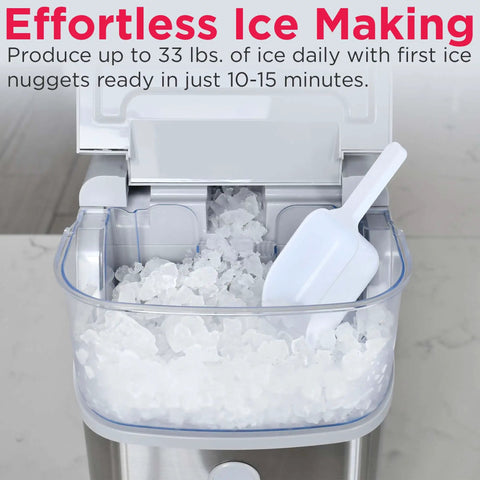 Next Level Countertop Nugget Ice Maker Built With Quick Fifteen Minute Cycle To Serve Hella Delicious Chewable Soft Ice Daily Near Thirty Three Pounds With Sleek Metallic Finish, showing ice storage.