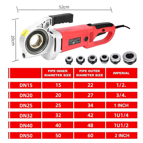 Heavy-Duty Electric Pipe Cutter And Threader Kit 2300W Motor For Water Gas Lines includes size chart and cutting tool.