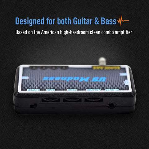 Guitar And Bass Headphone Amp With Built In Chorus Effects Portable Rechargeable Mini Headphone Amplifier For Silent Practice Great For On The Go Includes Headphone Splitter And One Eighth Inch Aux Cable, side view