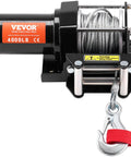VEVOR 4000 Lb Electric Winch For Atv And Utv Recovery with steel rope, 12V motor, and red strap for towing.