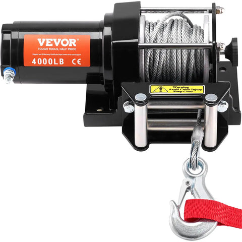 VEVOR 4000 Lb Electric Winch For Atv And Utv Recovery with steel rope, 12V motor, and red strap for towing.