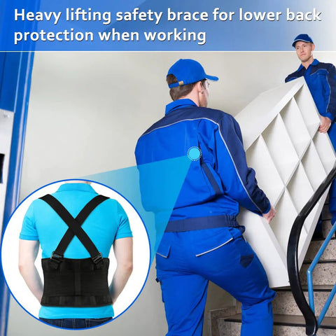 Heavy Duty Lumbar Back Brace With Four Flexible Orthopedic Stays For Killing Lower Back Pain worn by workers lifting furniture.