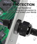 Close-up of PG16 Cable Glands Set, 20 Pack, with wires demonstrating IP68 waterproof sealing on an electrical box panel.