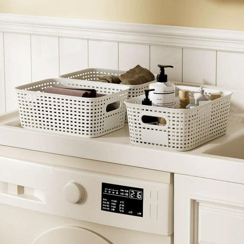 Six Pack Stackable Plastic Storage Bins With Lids And Bamboo Lid, Pantry Organizer Boxes on a Laundry Shelf