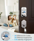 Smart Fingerprint Door Lock With Keyless Entry And 20 Biometric Fingerprints For Quick Access installed on a wooden door.