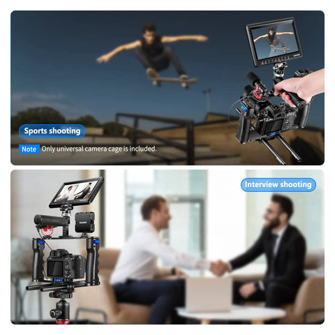 Aluminum Camera Cage Filmmaking Rig with top handle, dual grips, Arca type base in use for sports and interview shooting.