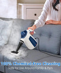 Handheld Steam Cleaner With Snappy Three Minute Heat Up And Heavy Duty Vapor For Knocking Out Kitchen Grease Bathroom Grout Upholstery And Car Cabin Filth Easy Grip Steamer With Safety Lock For Zero Sweat Cleaning And Spotless Shine Always in use on a couch.
