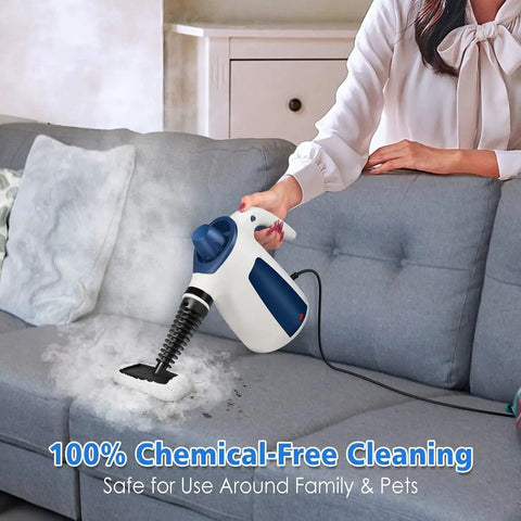 Handheld Steam Cleaner With Snappy Three Minute Heat Up And Heavy Duty Vapor For Knocking Out Kitchen Grease Bathroom Grout Upholstery And Car Cabin Filth Easy Grip Steamer With Safety Lock For Zero Sweat Cleaning And Spotless Shine Always in use on a couch.