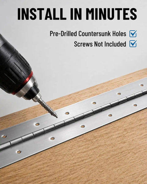 Close-up of Heavy Duty Rock Solid Stainless Steel Continuous Piano Hinges 36 By 3 Inch being installed on wood.