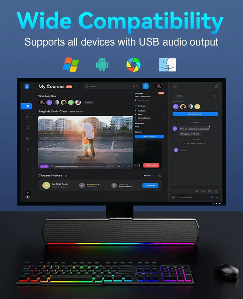 USB C Powered Desktop Speakers For PC Laptop Monitor And Tablet shown with monitor and RGB keyboard setup