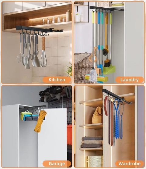 Pull Out Broom Holder With Adjustable Double Row Sliding Hooks Multifunctional Mop And Broom Organizer in various settings