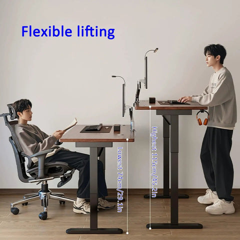 Brown Adjustable Standing Desk With Three Memory Buttons And Anti Collision Safety Tech For Home Office Setup showing height adjustment from 29.1 to 45.2 inches.