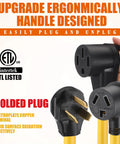 Gotta Charge Both Ride And Rig With This 30 Amp Dryer Y Splitter showing ergonomic handle design and molded plugs for easy use.