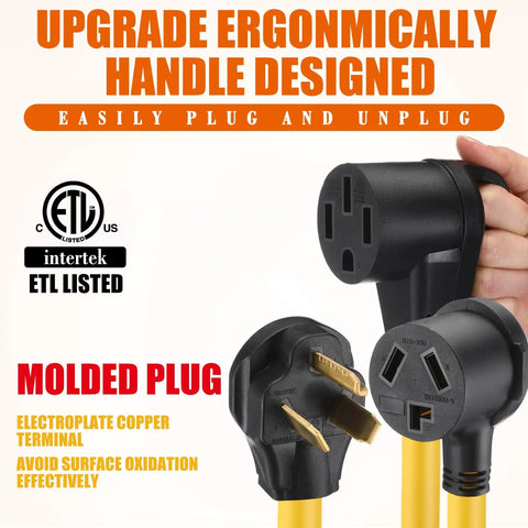 Gotta Charge Both Ride And Rig With This 30 Amp Dryer Y Splitter showing ergonomic handle design and molded plugs for easy use.